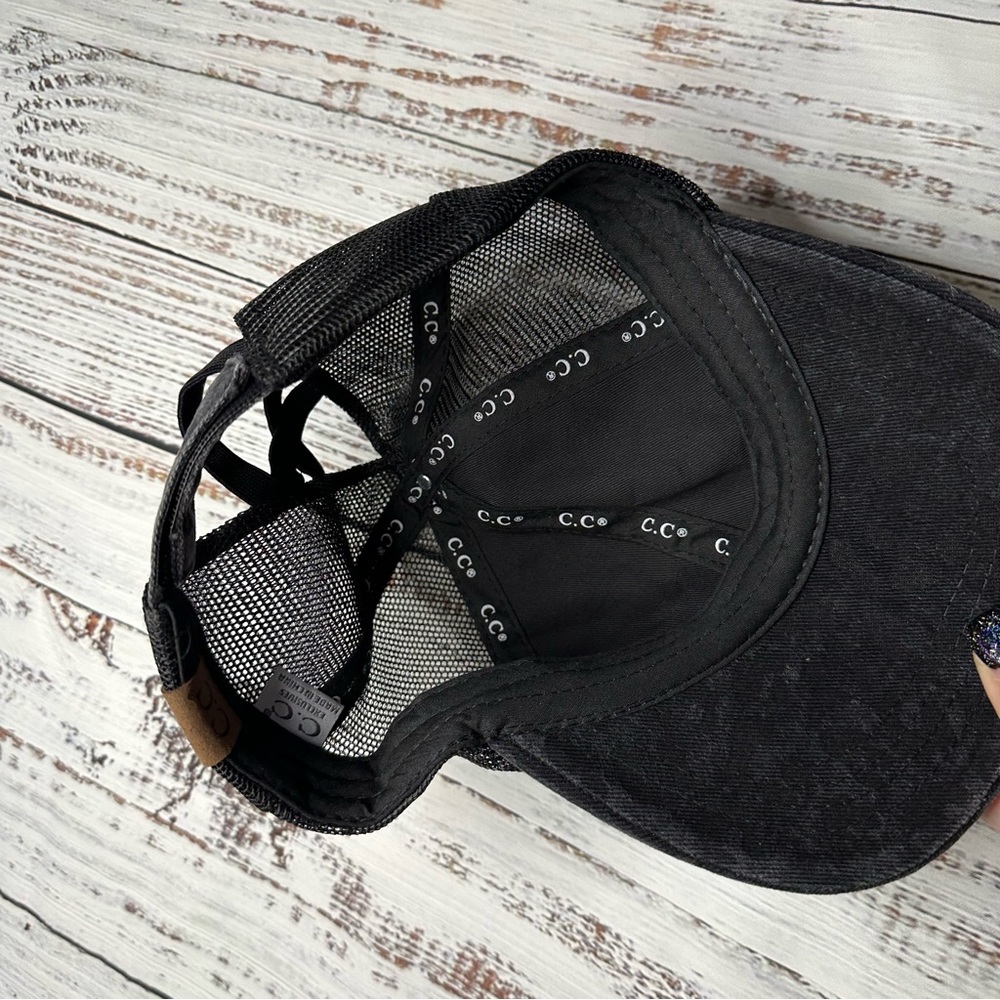NWOT CC HAT PONY TAIL CRISS CROSS GRAY LEOPARD CHEETAH PRINT BASEBALL CAP BLACK - Picture 8 of 9